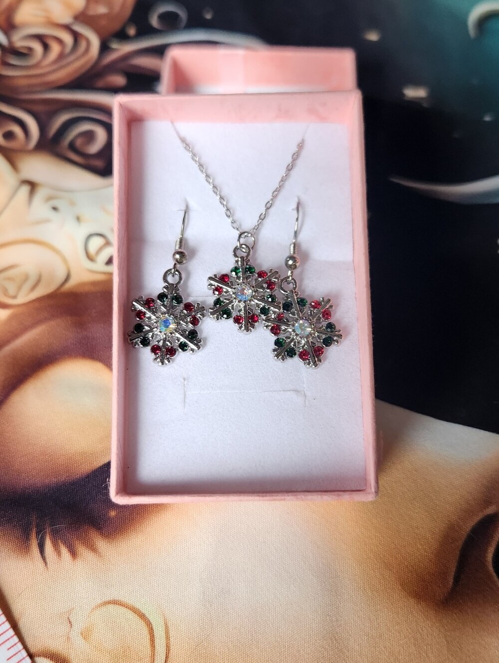 Red, Green, & Iredesent Snowflake Charms On Stainless Steel Chain & Earwaires